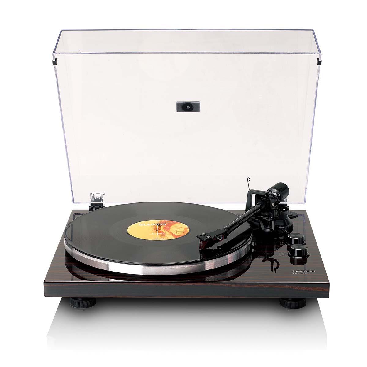 Lenco LBT-345 Bluetooth Turntable w/ Ortofon 2M Red front view angled down with open dustcover and record on platter with tonearm engaged