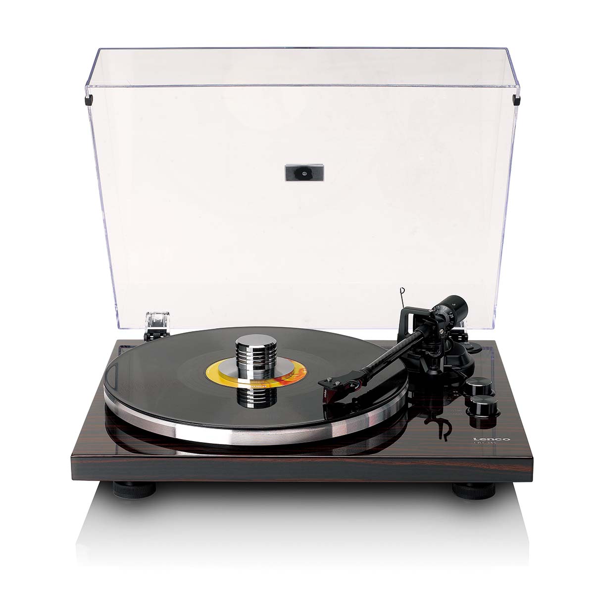 Lenco LBT-345 Bluetooth Turntable w/ Ortofon 2M Red front view angled down with open dustcover and record on platter with record weight and tonearm engaged