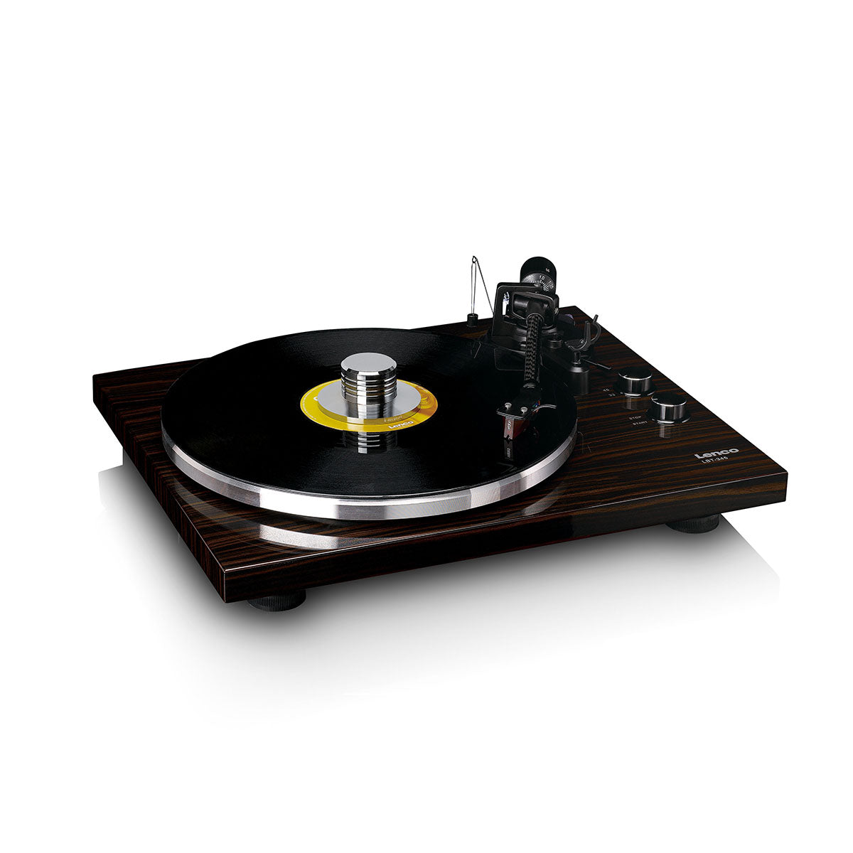 Lenco LBT-345 Bluetooth Turntable w/ Ortofon 2M Red front view angled down and right with no dustcover and record on platter with record weight and tonearm engaged