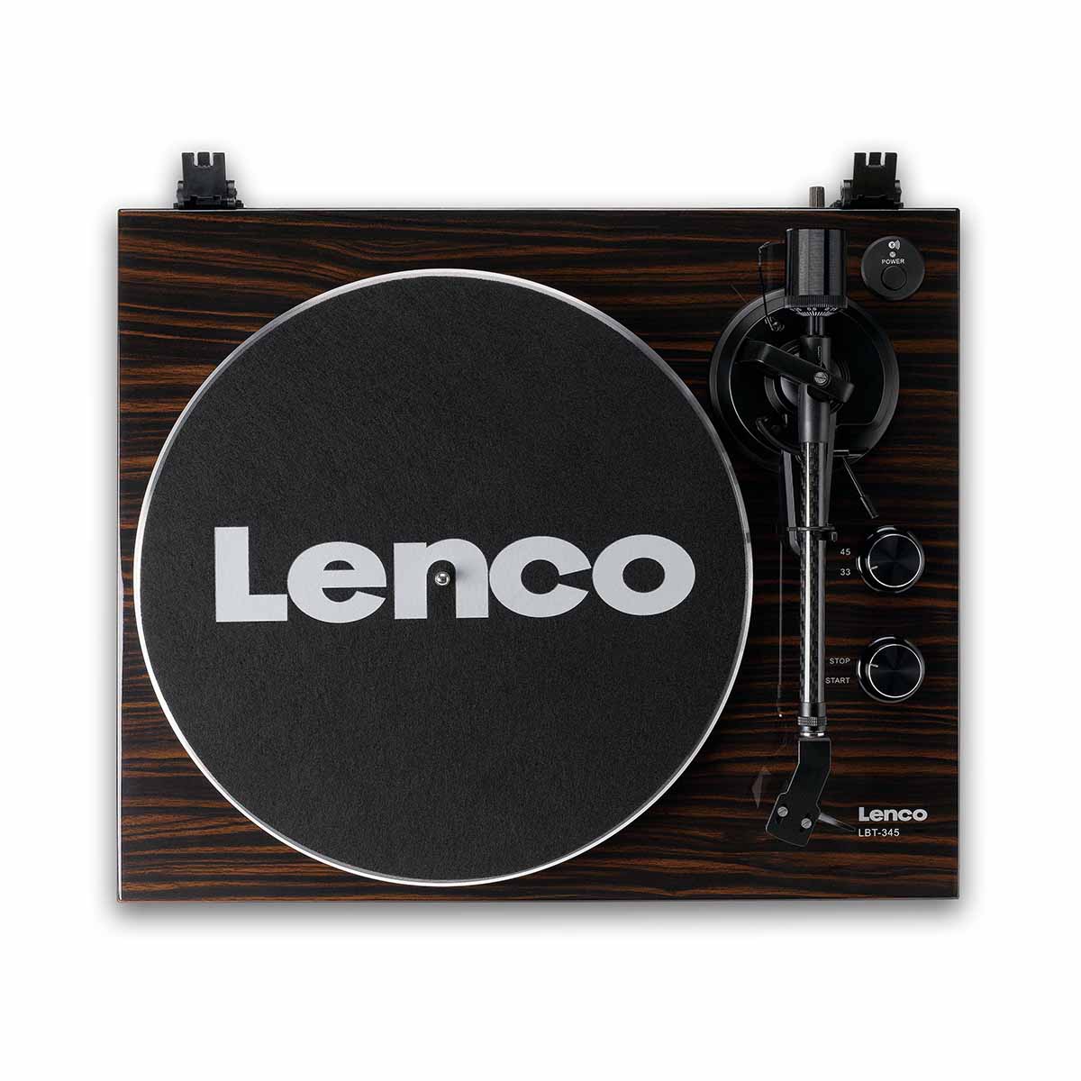 Lenco LBT-345 Bluetooth Turntable w/ Ortofon 2M Red top view with no dustcover and felt mat on platter