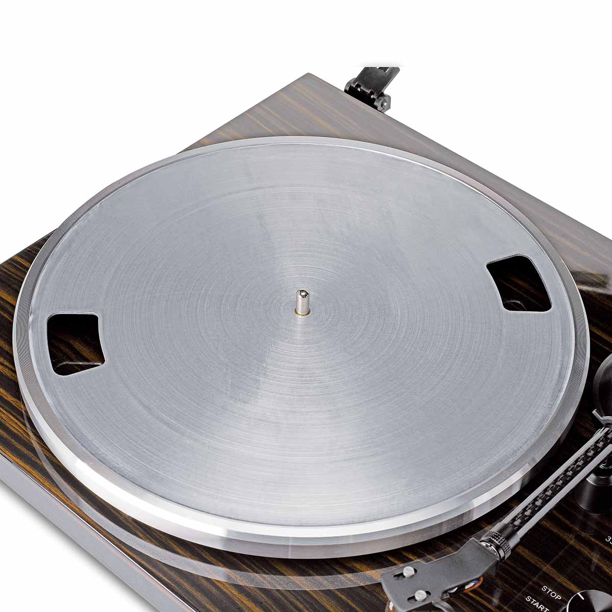 Lenco LBT-345 Bluetooth Turntable w/ Ortofon 2M Red close-up of aluminum platter angled down and left with no dustcover