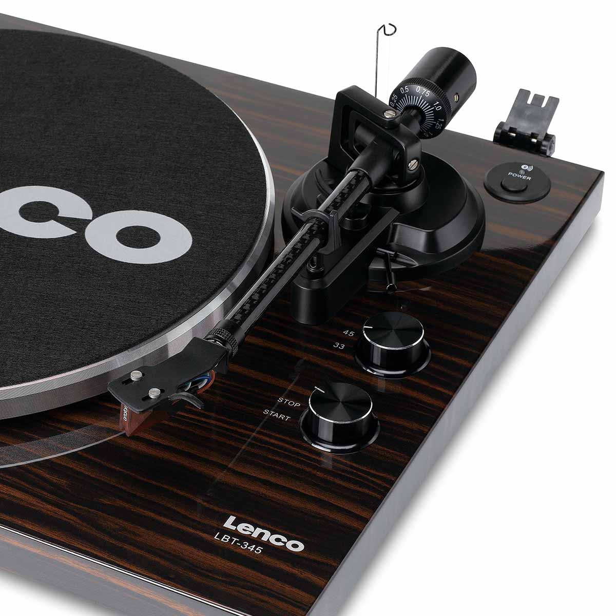 Lenco LBT-345 Bluetooth Turntable w/ Ortofon 2M Red close-up of right side tonearm and controls angled down and left with no dustcover and felt mat on platter