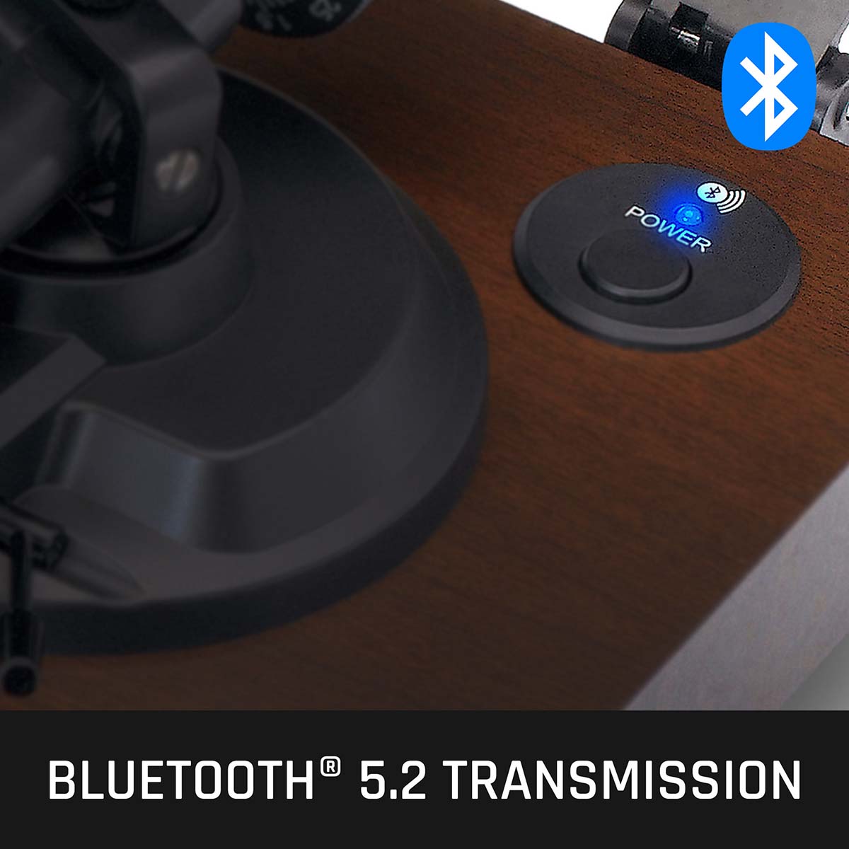 Lenco LBT-225 Bluetooth Turntable w/ Glass Platter and AT-VM95E Cartridge closeup of power button and bluetooth indicator light with Bluetooth logo in top right and text to bottom reading Bluetooth 5.2 Transimission