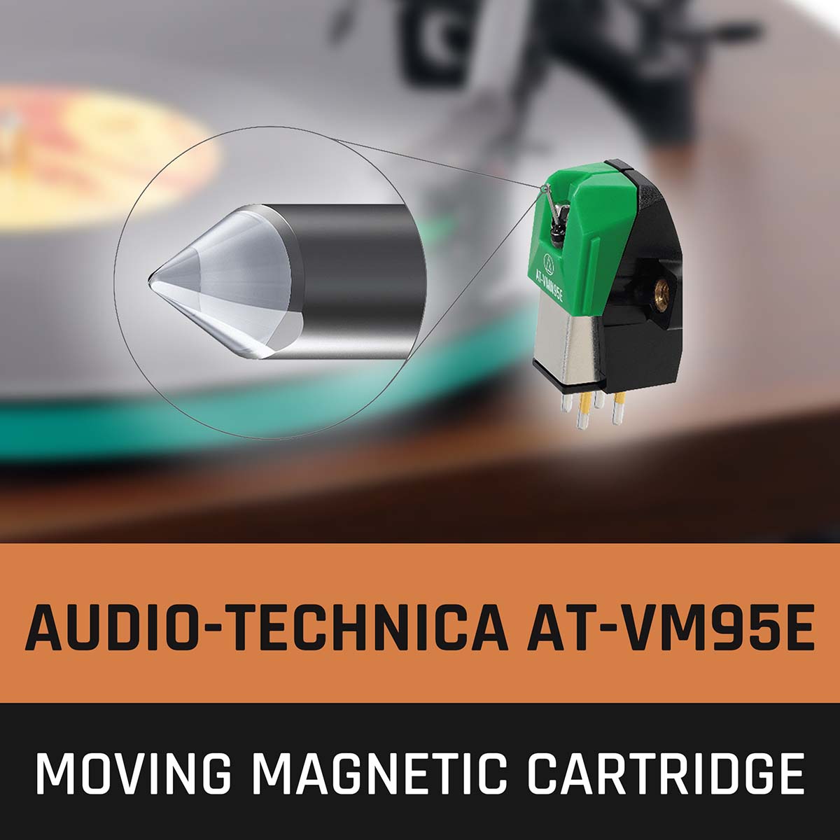 Lenco LBT-225 Bluetooth Turntable w/ Glass Platter and AT-VM95E Cartridge close-up of cartridge with zoom image of stylus needle with text to bottom reading Audio-Technica AT-VM95E Moving Magnetic Cartridge