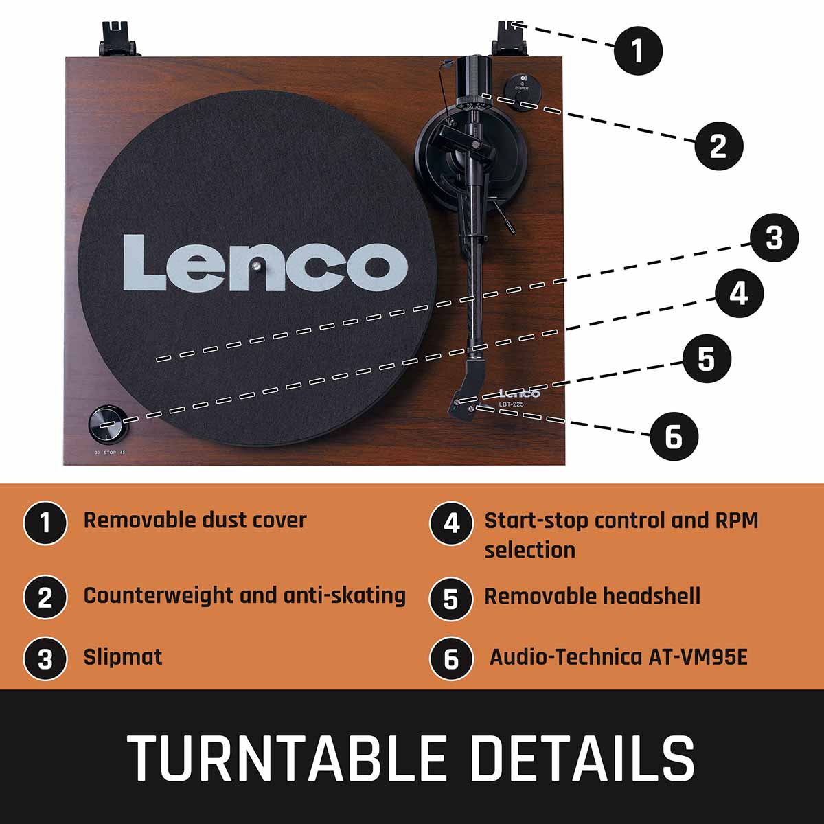 Lenco LBT-225 Bluetooth Turntable w/ Glass Platter and AT-VM95E Cartridge top-down view of turntable with graphics pointing to specific numbered turntable details