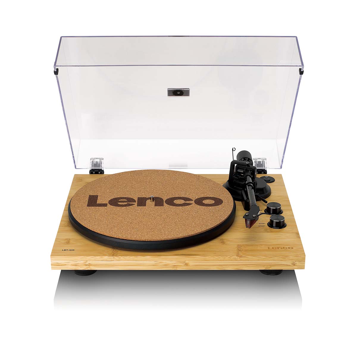 Lenco LBT-335 Bluetooth Turntable w/ Ortofon 2M Red Cartridge front view angled down with cork mat on platter and open dustcover