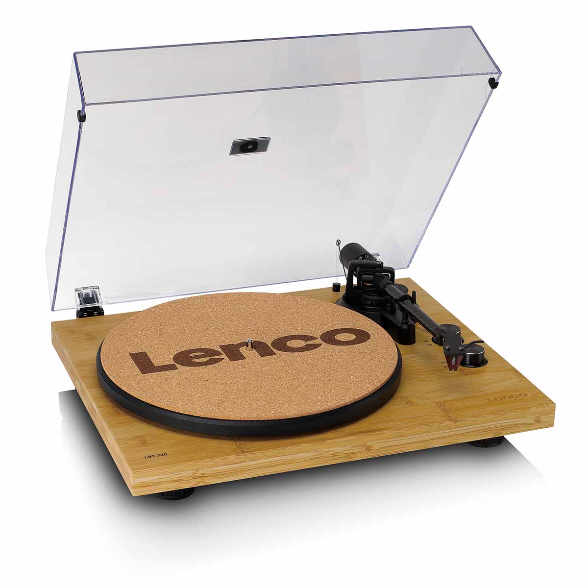 Lenco LBT-335 Bluetooth Turntable w/ Ortofon 2M Red Cartridge front view angled down and right with cork mat on platter and open dustcover