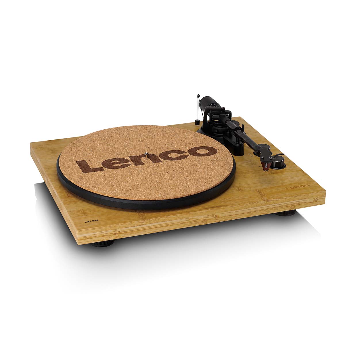 Lenco LBT-335 Bluetooth Turntable w/ Ortofon 2M Red Cartridge front view angled down and right with cork mat on platter and no dustcover