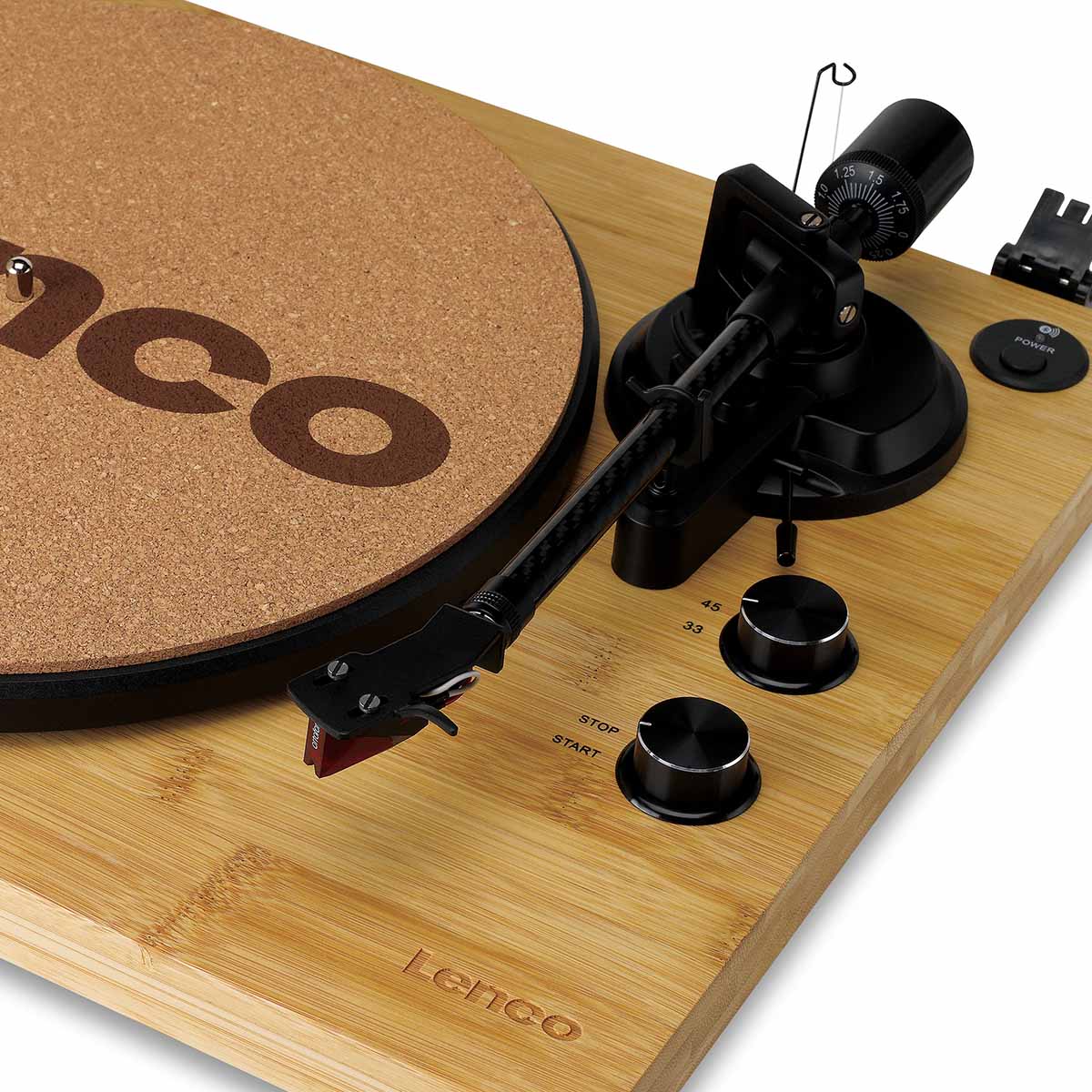 Lenco LBT-335 Bluetooth Turntable w/ Ortofon 2M Red Cartridge top view angled left close-up of right side of unit including tonearm and control knobs