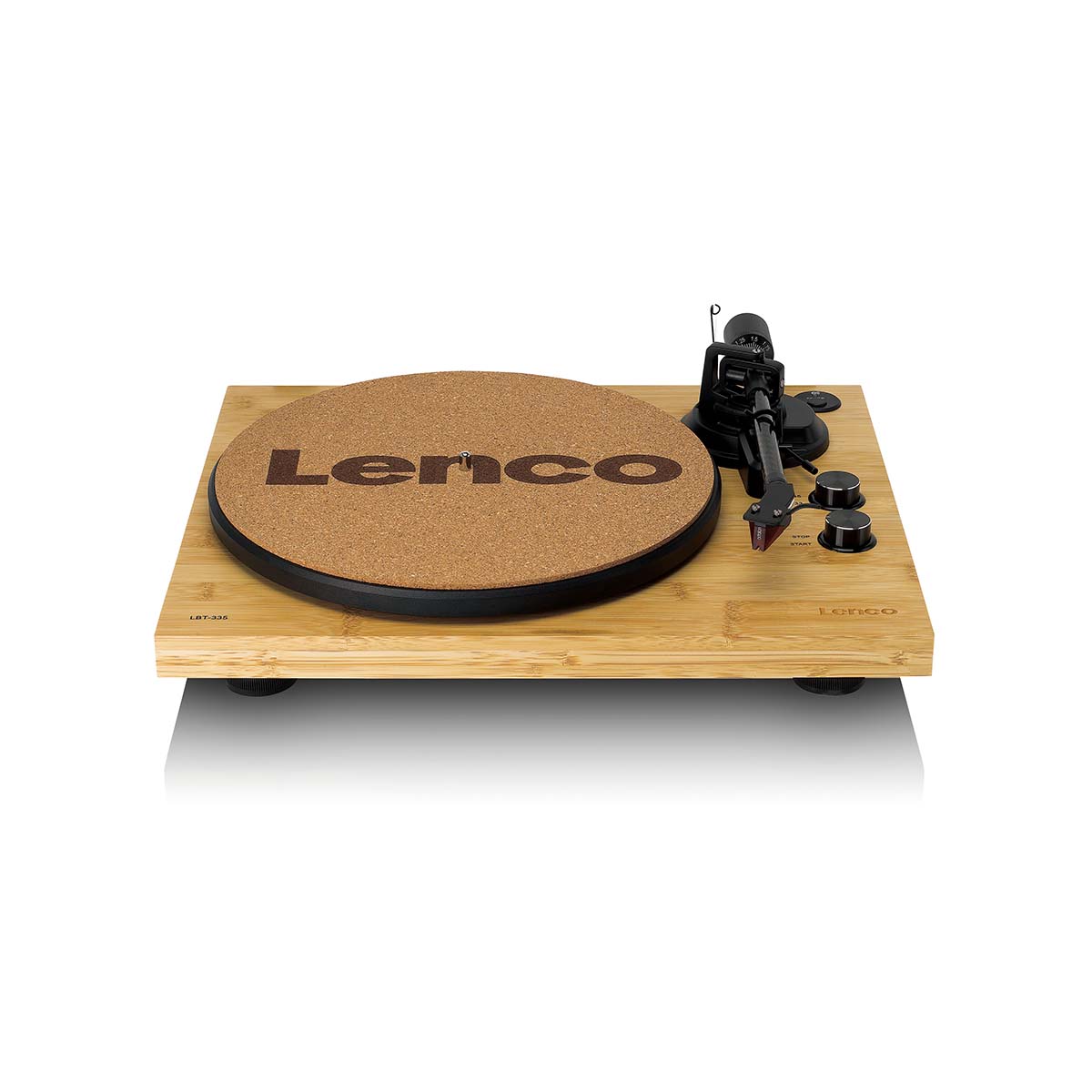 Lenco LBT-335 Bluetooth Turntable w/ Ortofon 2M Red Cartridge front view angled down with cork mat on platter and no dustcover