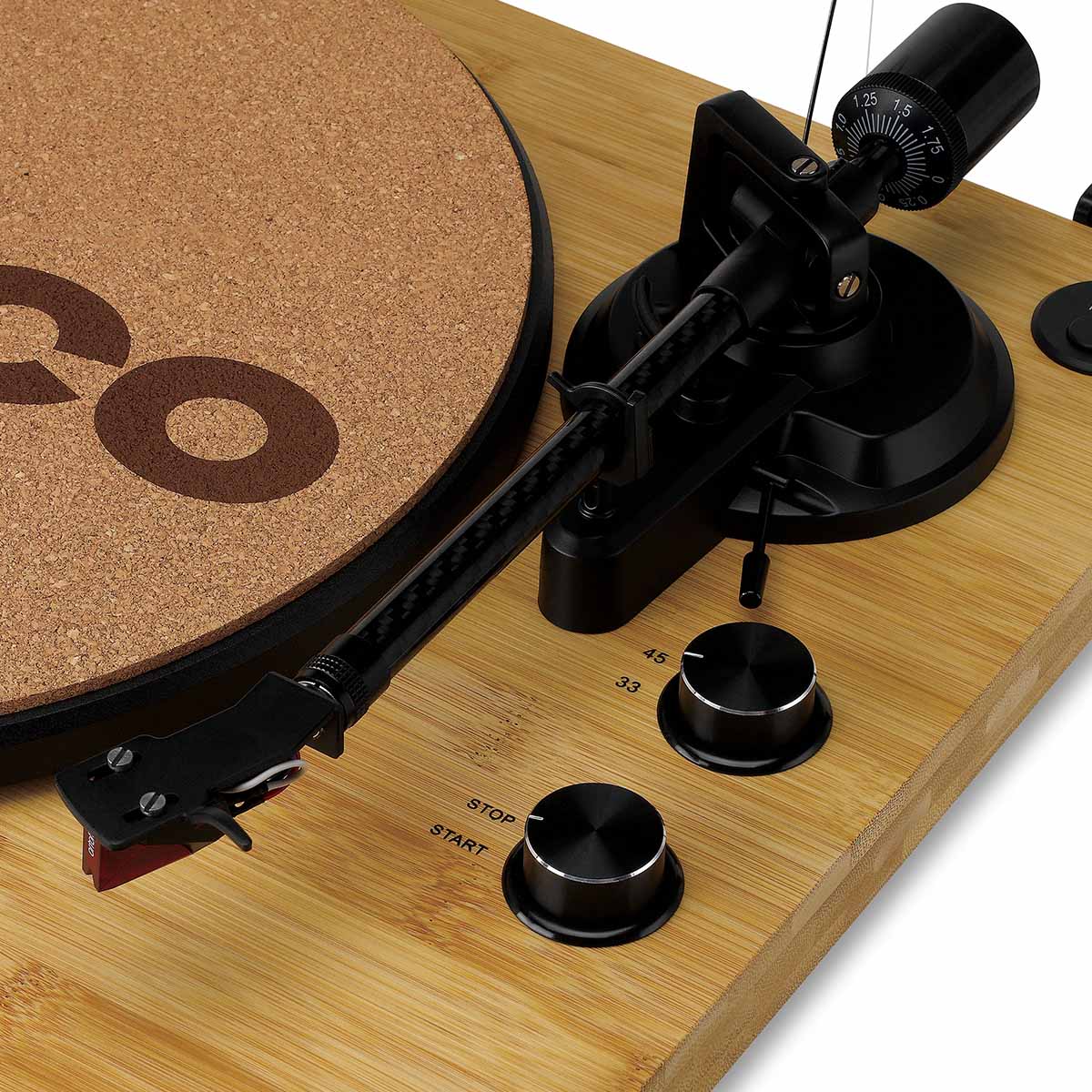 Lenco LBT-335 Bluetooth Turntable w/ Ortofon 2M Red Cartridge top view angled left close-up of right side of unit including tonearm and control knobs