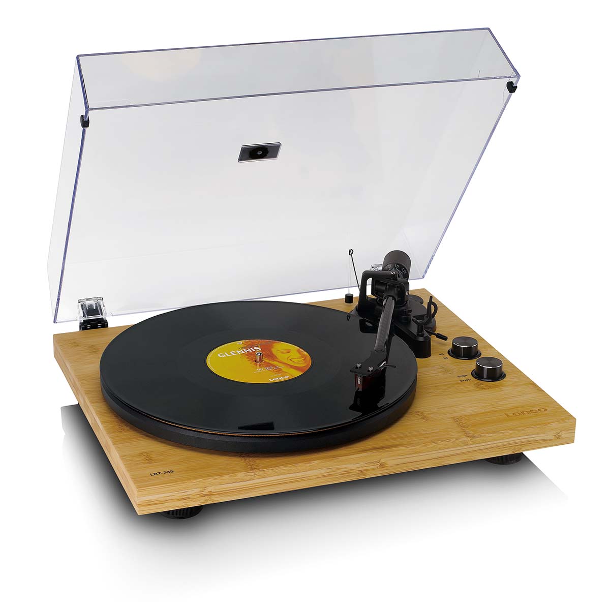 Lenco LBT-335 Bluetooth Turntable w/ Ortofon 2M Red Cartridge front view angled down and right with record on platter and engaged tonearm with open dustcover