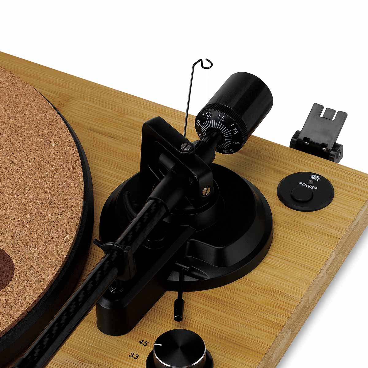 Lenco LBT-335 Bluetooth Turntable w/ Ortofon 2M Red Cartridge top view angled left close-up of right side of unit including tonearm counterweight and power button