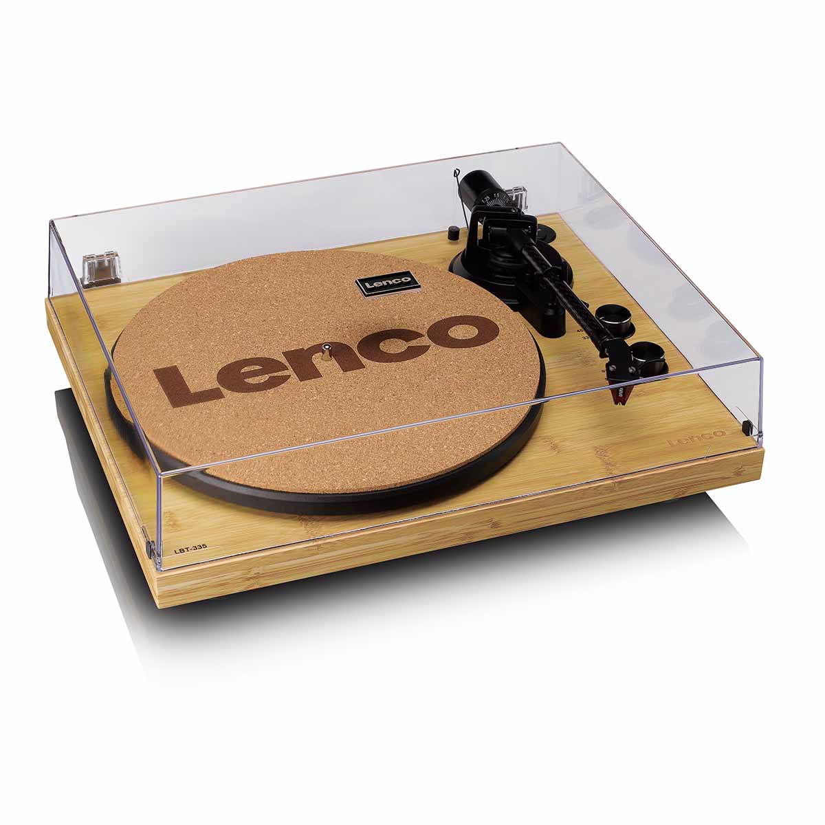 Lenco LBT-335 Bluetooth Turntable w/ Ortofon 2M Red Cartridge front view angled down and right with cork mat on platter and closed dustcover