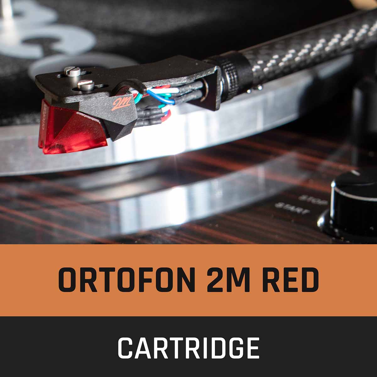 Lenco LBT-345 Bluetooth Turntable w/ Ortofon 2M Red closeup of cartridge on tonearm with text