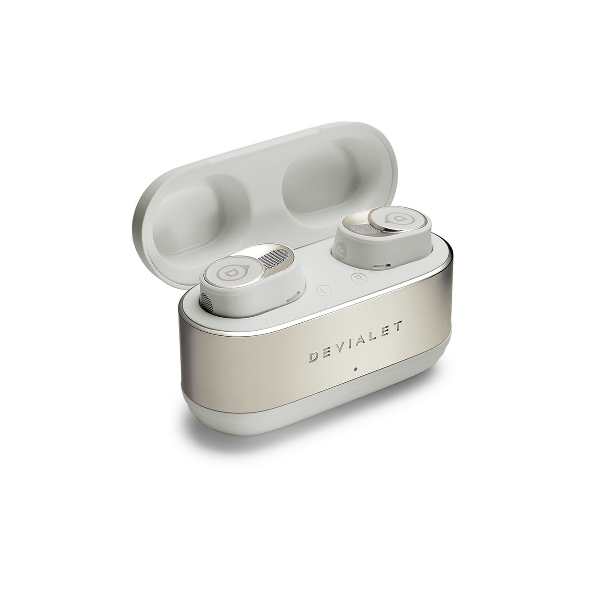 Devialet Gemini II True Wireless Earbuds - - Light Pearl - both earbuds in open case