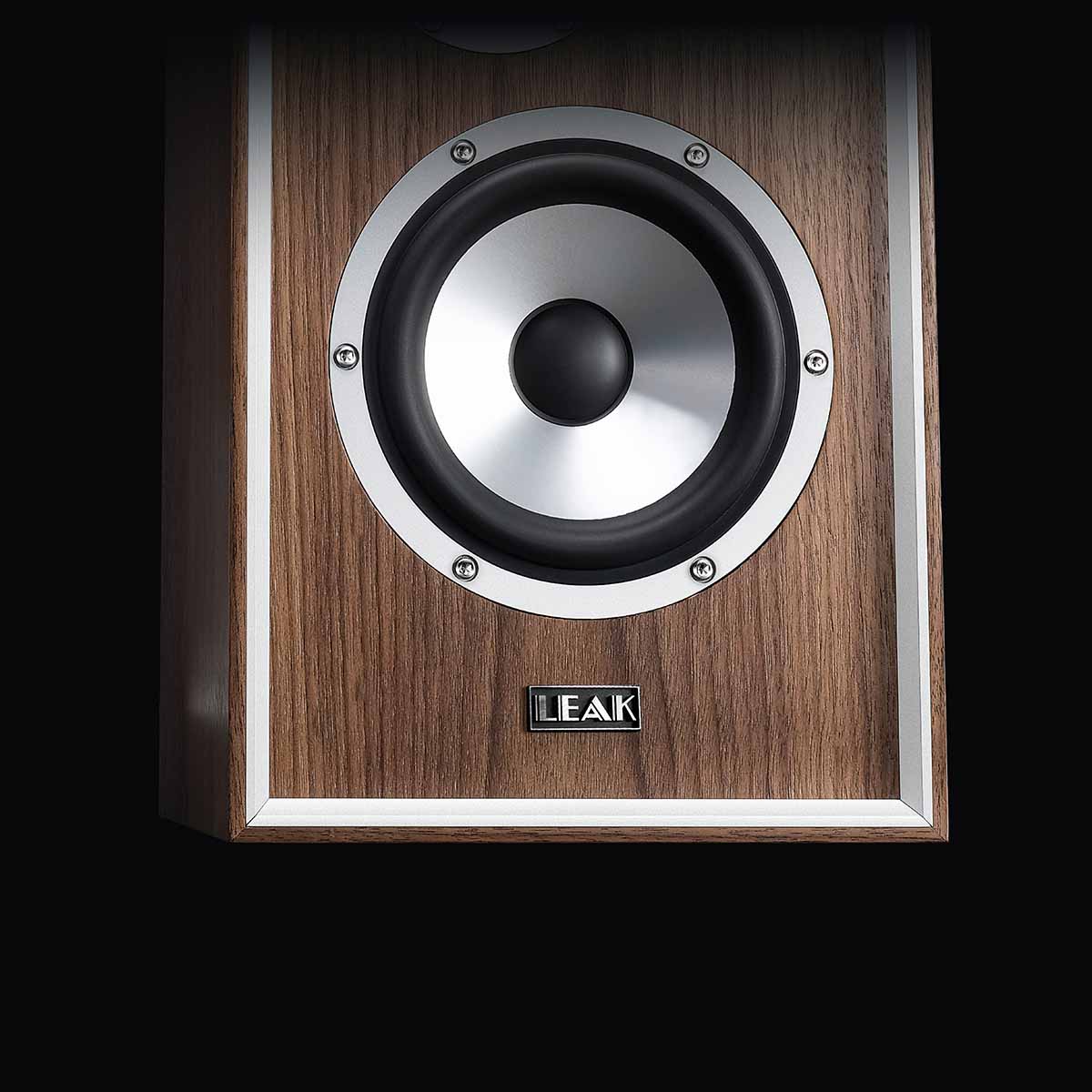 Leak Audio Sandwich 150 Bookshelf Loudspeakers - Walnut - front view without grille closeup of bass driver