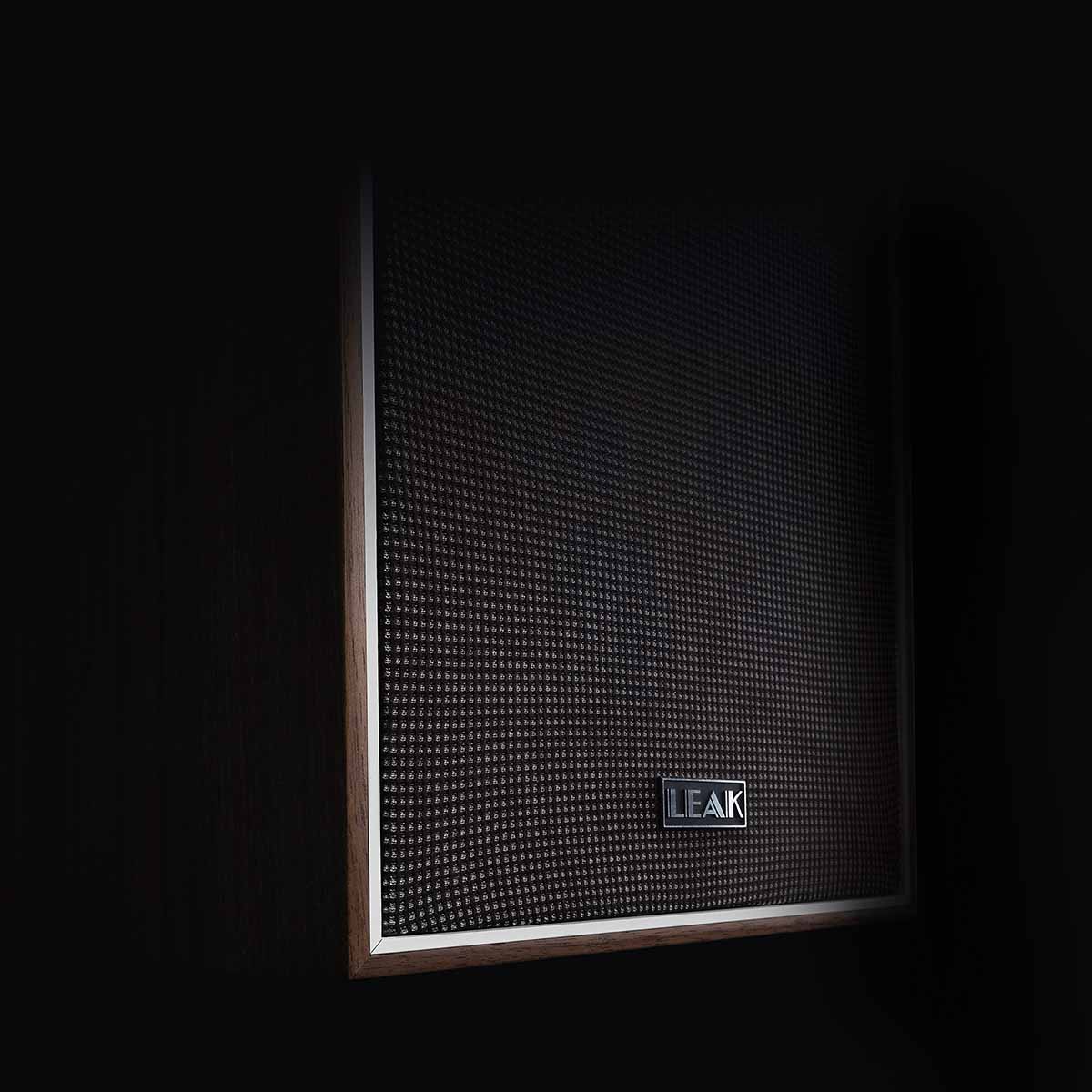 Leak Audio Sandwich 150 Bookshelf Loudspeakers - Walnut - front view closeup of grille and Leak logo