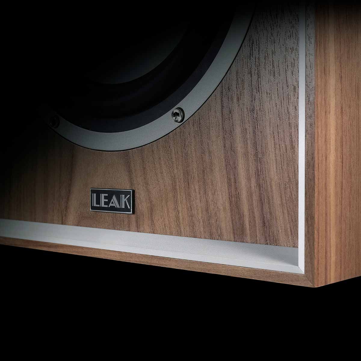 Leak Audio Sandwich 250 Standmount Loudspeakers - Walnut - closeup of Leak logo