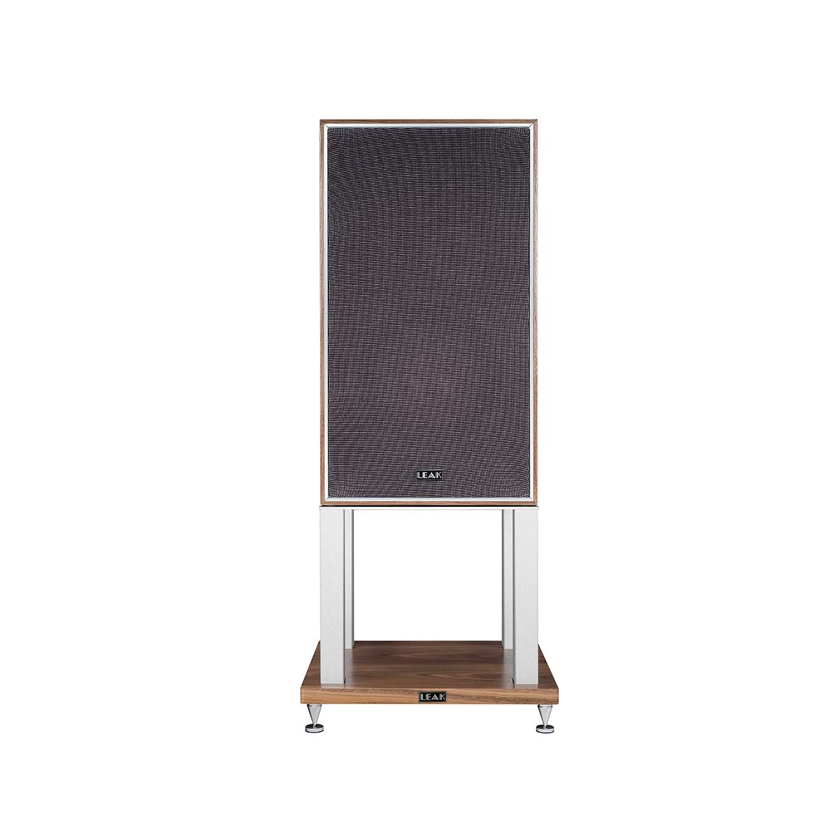 Leak Audio Sandwich 250 Standmount Loudspeakers - Walnut - With Stands - front view with grille