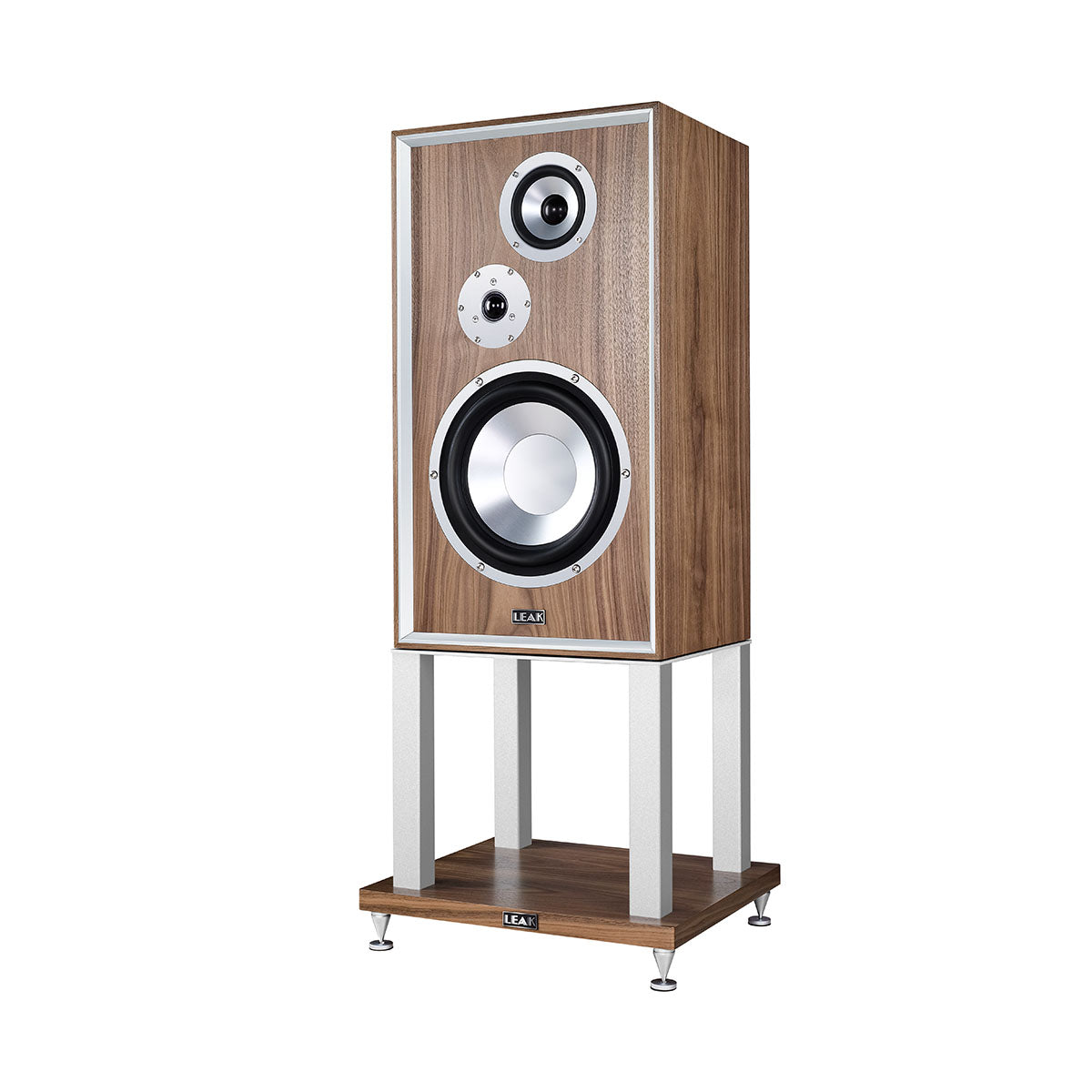 Leak Audio Sandwich 250 Standmount Loudspeakers - Walnut - With Stands - front view angled left without grille