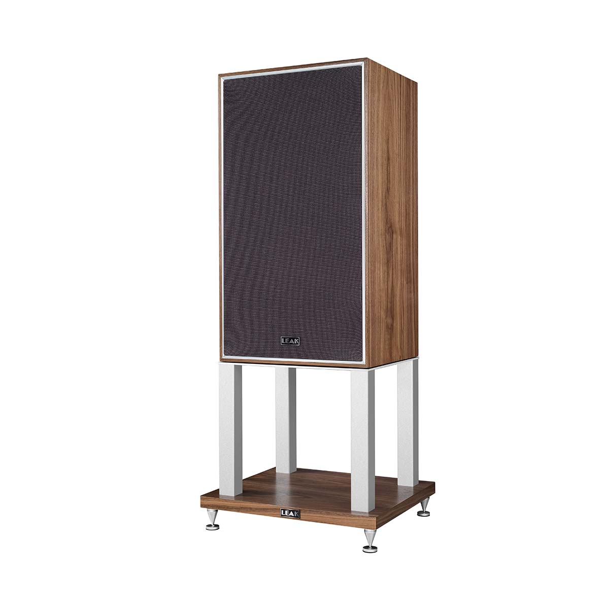 Leak Audio Sandwich 250 Standmount Loudspeakers - Walnut - With Stands - front view angled left with grille