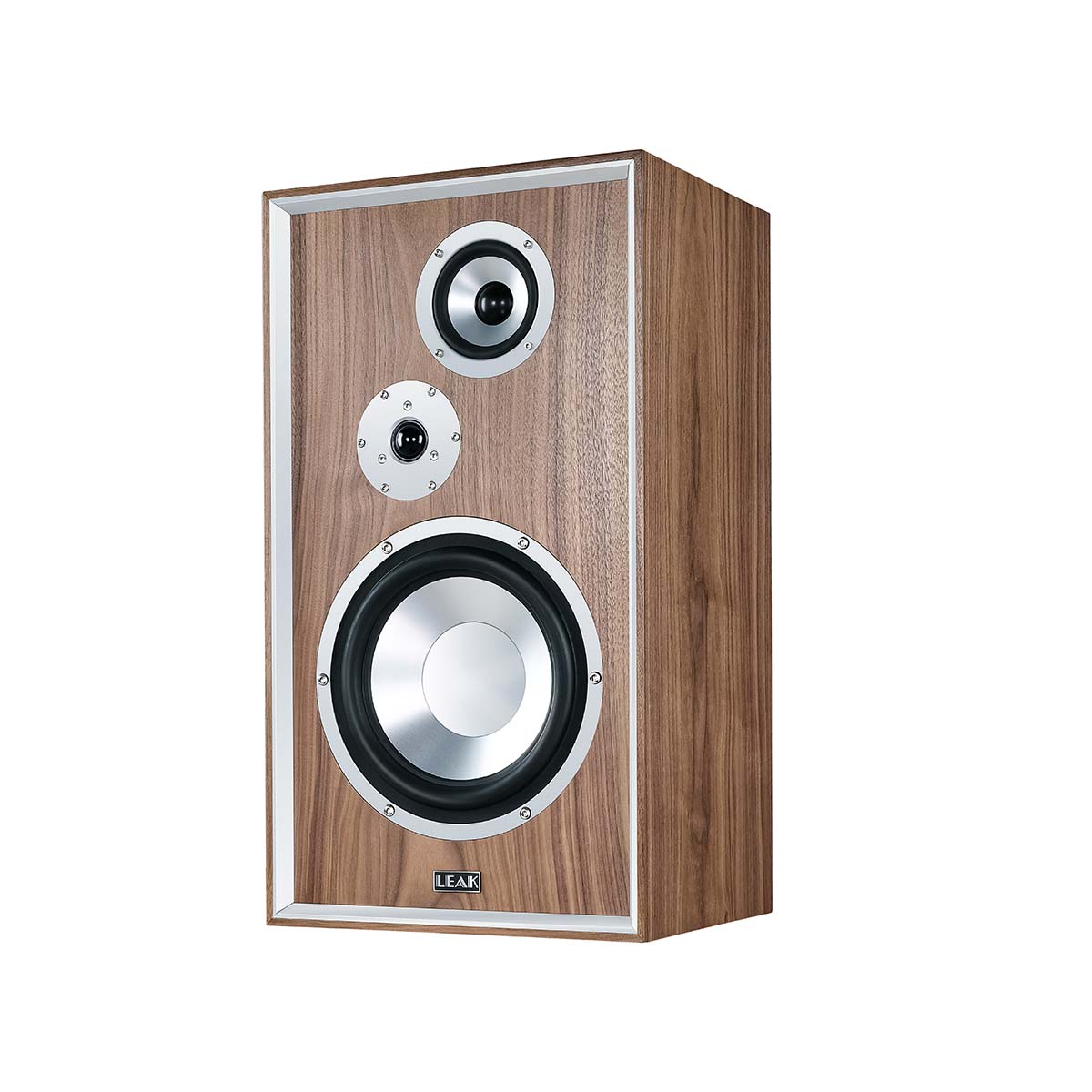 Leak Audio Sandwich 250 Standmount Loudspeakers - Walnut - No Stands - front view angled left without grille