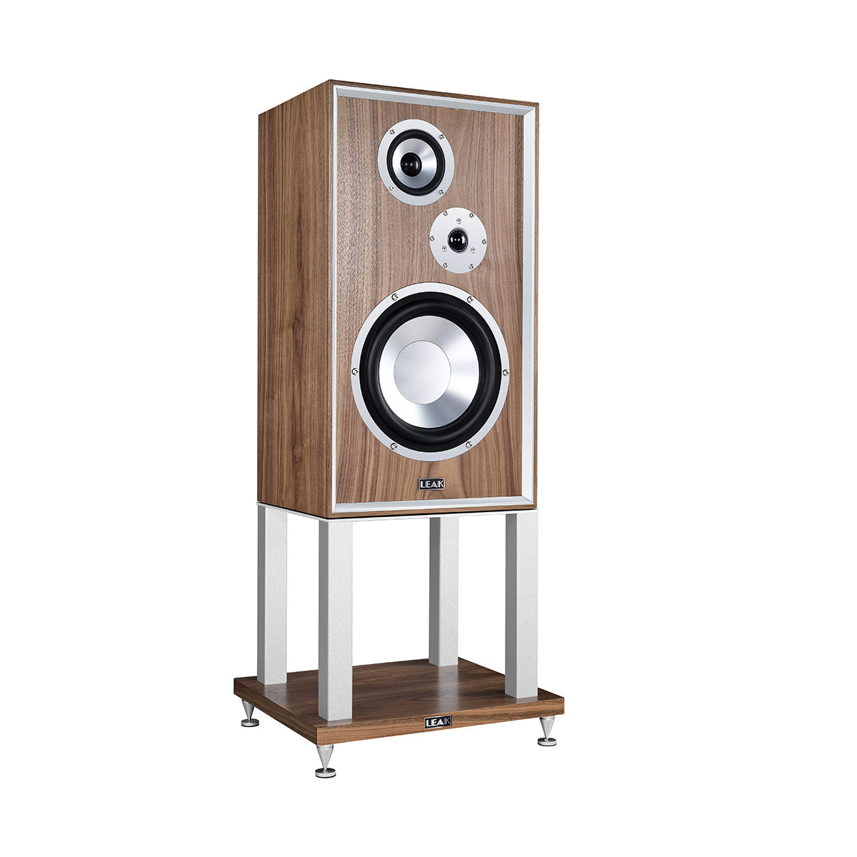 Leak Audio Sandwich 250 Standmount Loudspeakers - Walnut - With Stands - front view angled right without grille
