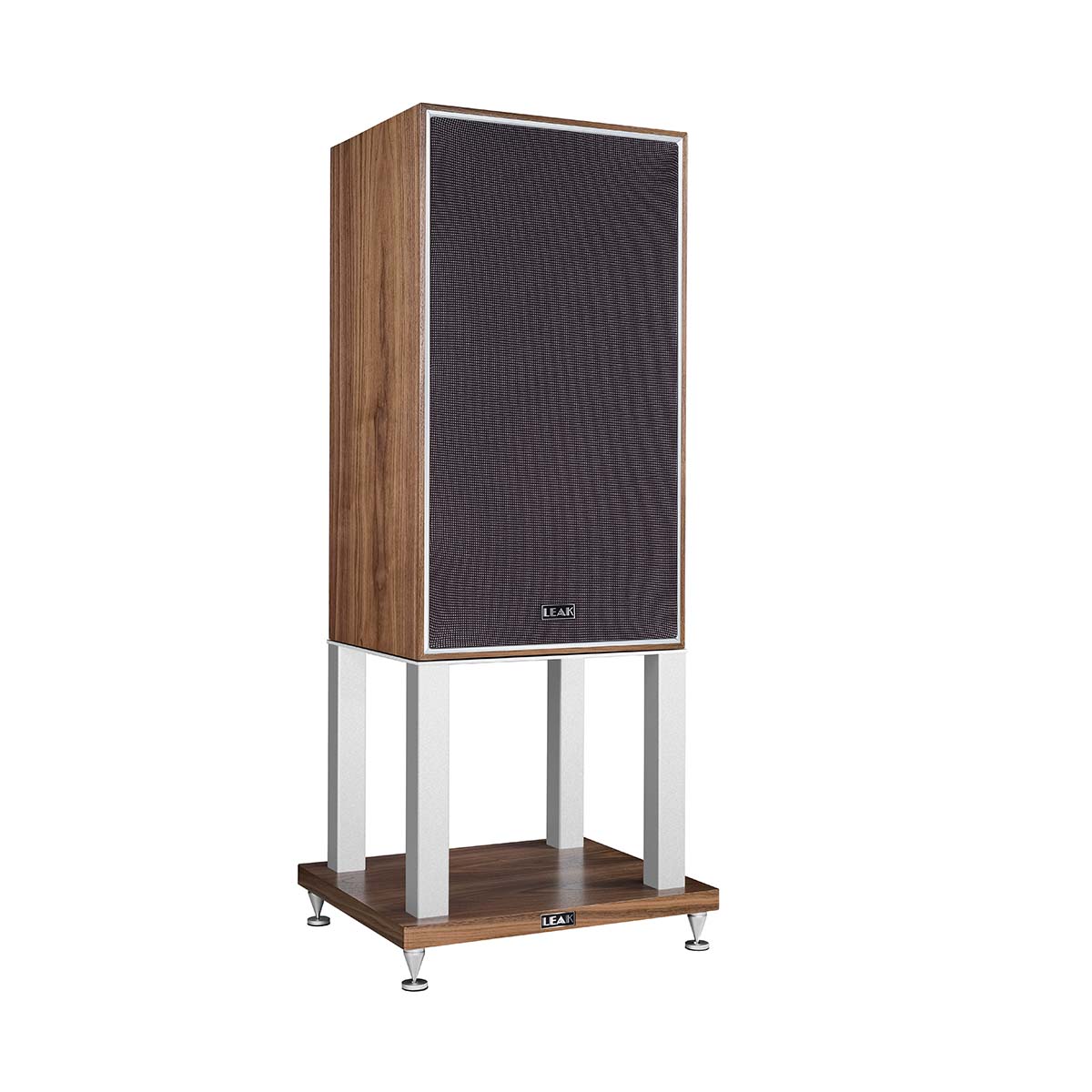 Leak Audio Sandwich 250 Standmount Loudspeakers - Walnut - With Stands - front view angled right with grille