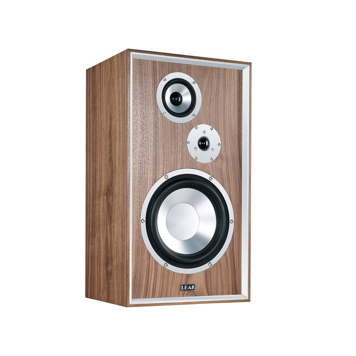 Leak Audio Sandwich 250 Standmount Loudspeakers - Walnut - No Stands - front view angled right without grille