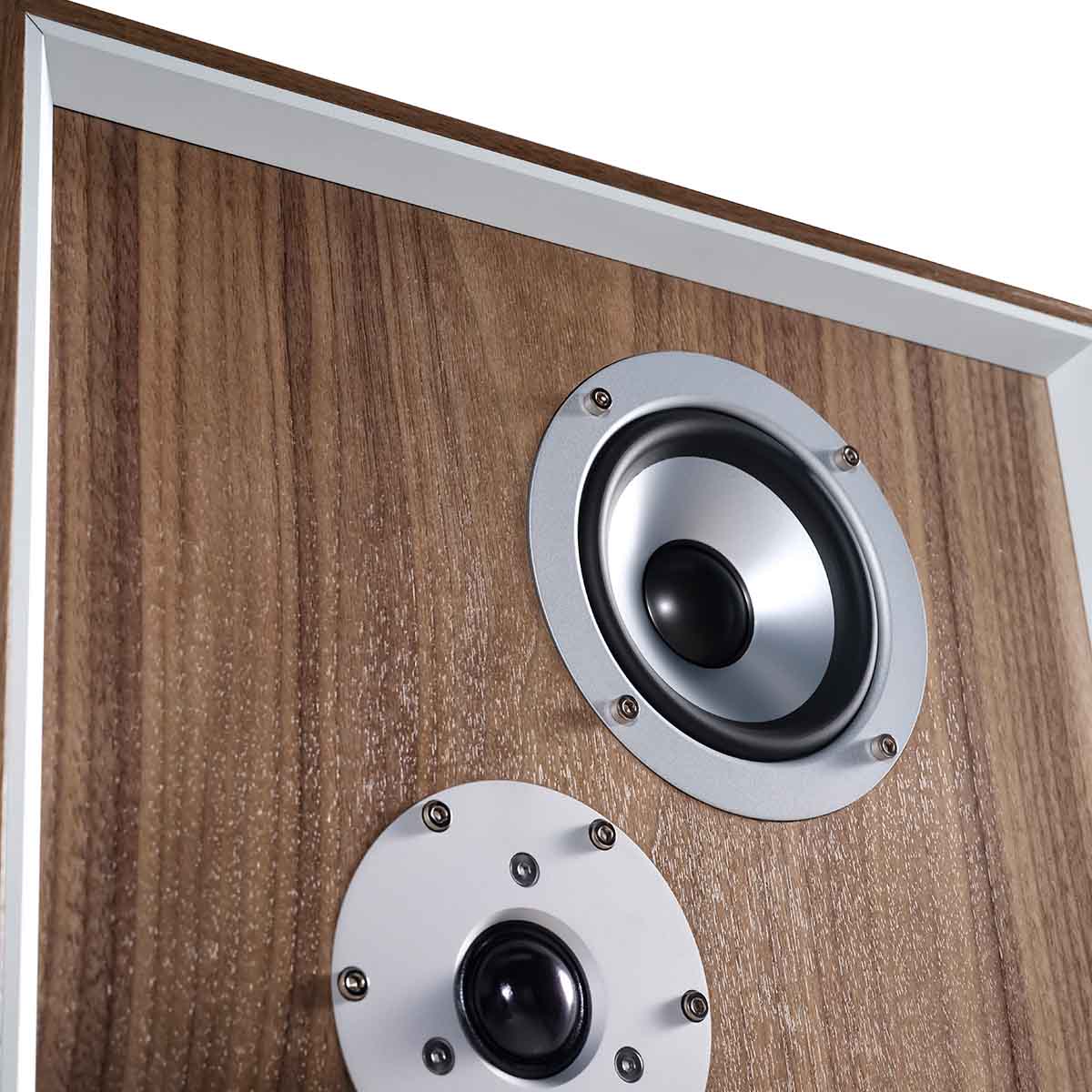 Leak Audio Sandwich 250 Standmount Loudspeakers - Walnut - closeup of tweeter and midrange driver without grille