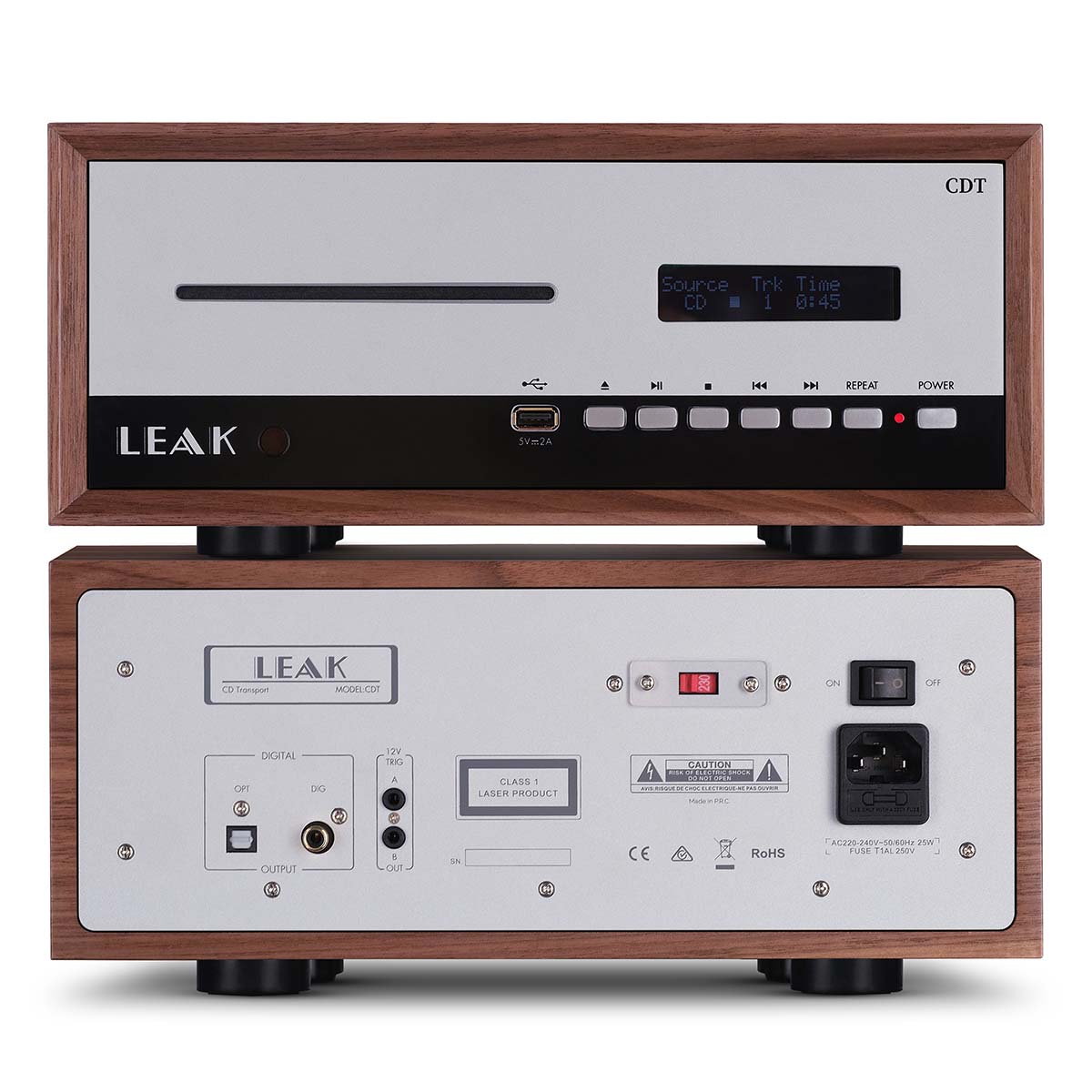 Leak Audio CDT CD Transport - Walnut - two stacked units, top unit front view, bottom unit rear view