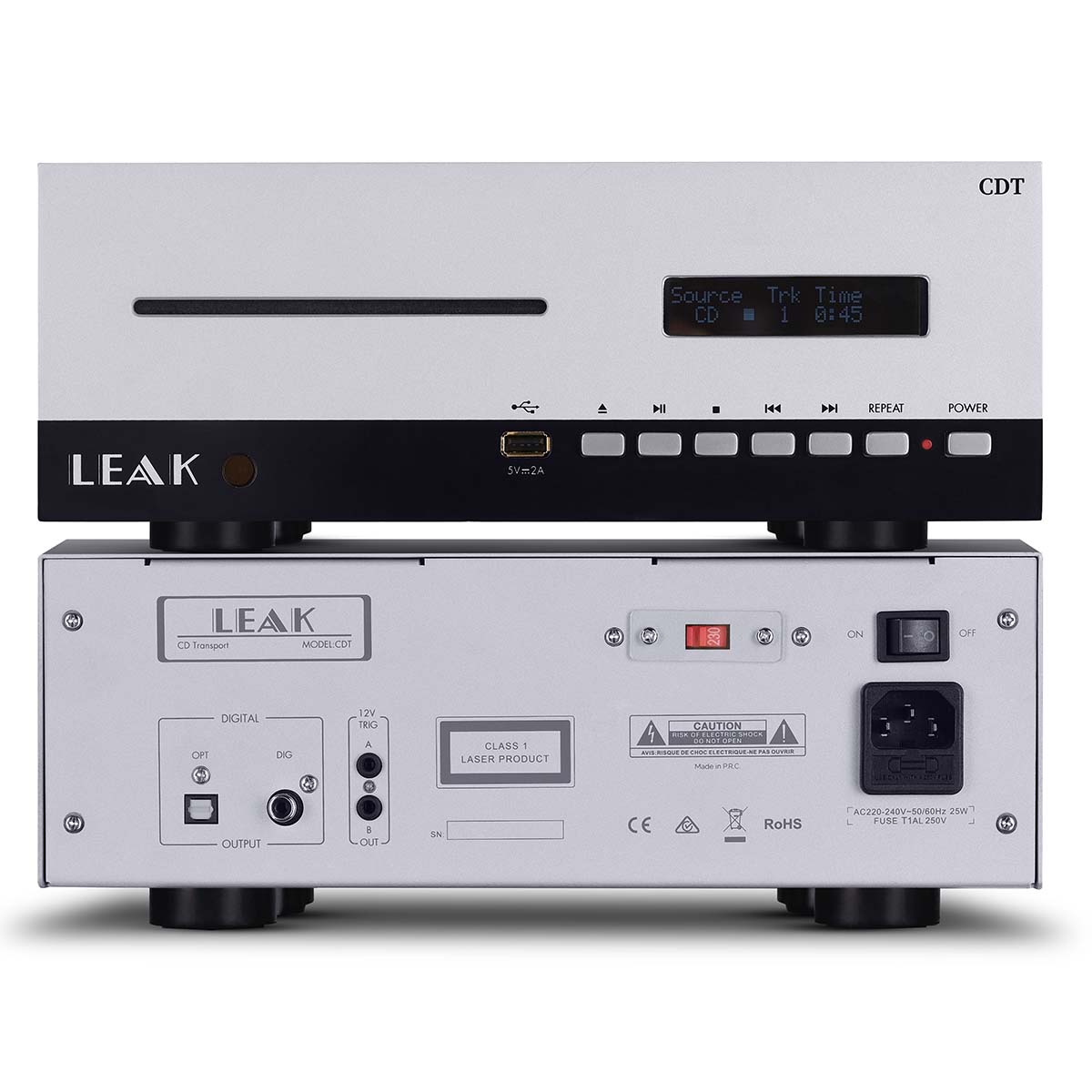 Leak Audio CDT CD Transport - Silver - two stacked units, top unit front view, bottom unit rear view