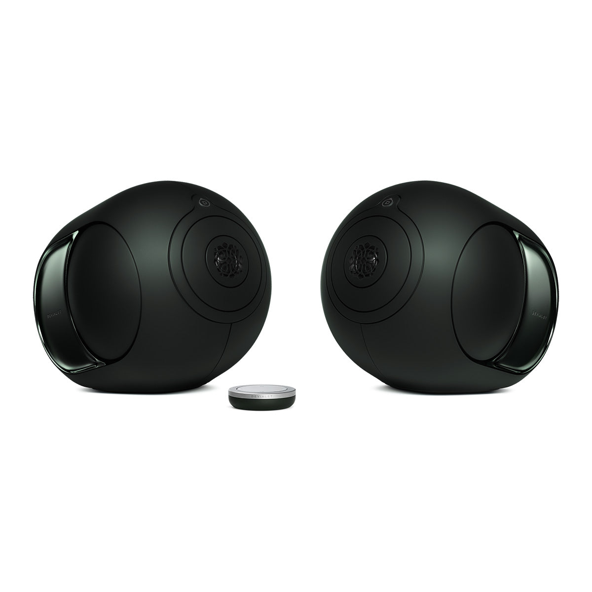 Devialet Phantom Ultimate 108 dB High-End Connected Speaker - Deep Forest - two speakers facing inward with remote center left