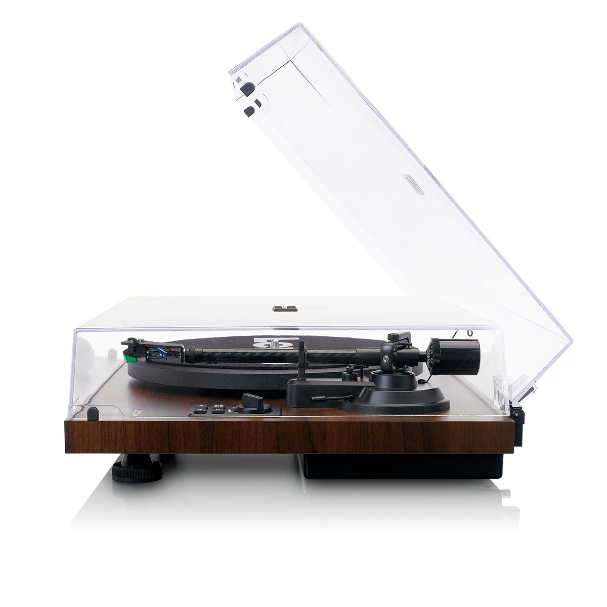 Lenco LS-600 Turntable w/ Built-In Amplifier, Bluetooth, and Speakers side view of turntable with superimposed closed and open dustcovers
