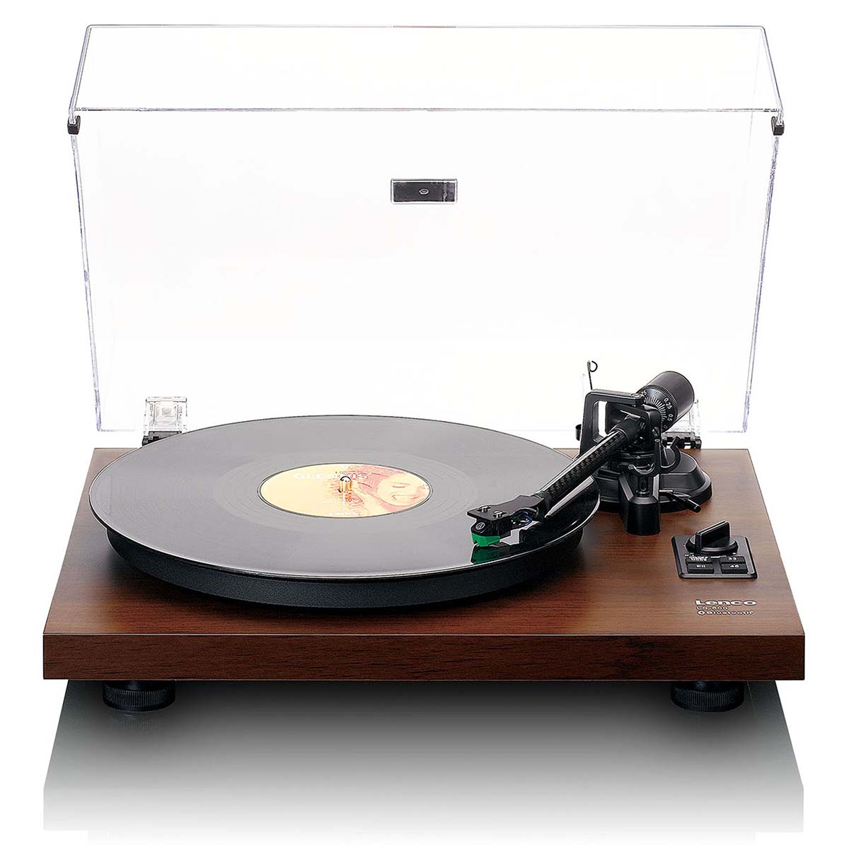 Lenco LS-600 Turntable w/ Built-In Amplifier, Bluetooth, and Speakers front view of turntable with open dustcover and record on platter with engaged tonearm