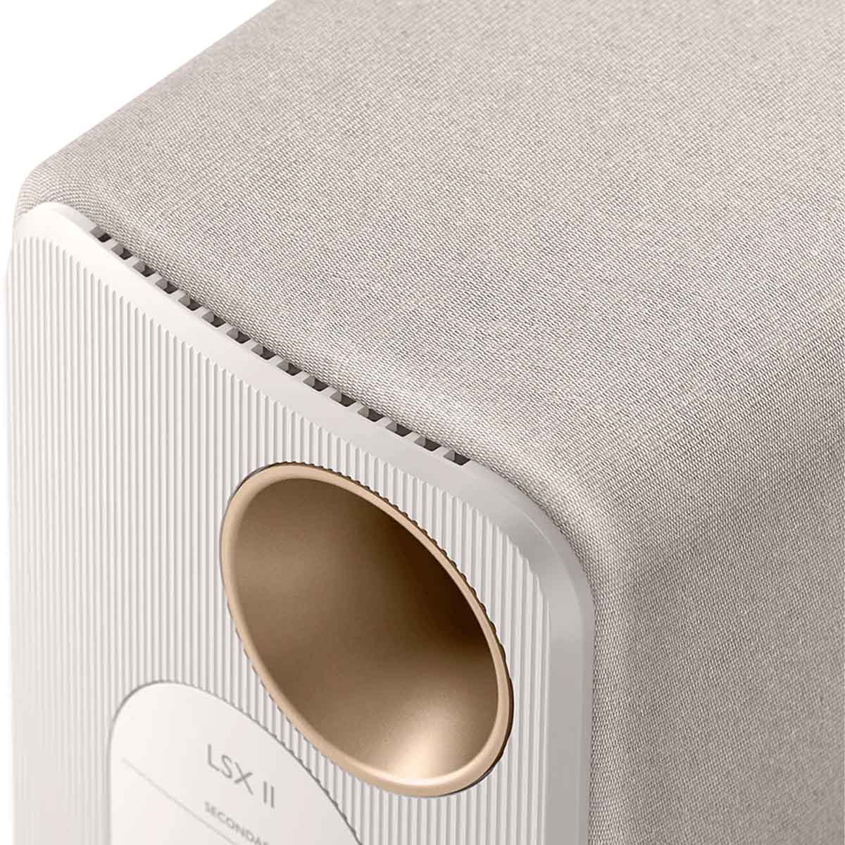 KEF LSX II Wireless HiFi Speakers cotton white close-up of bass port
