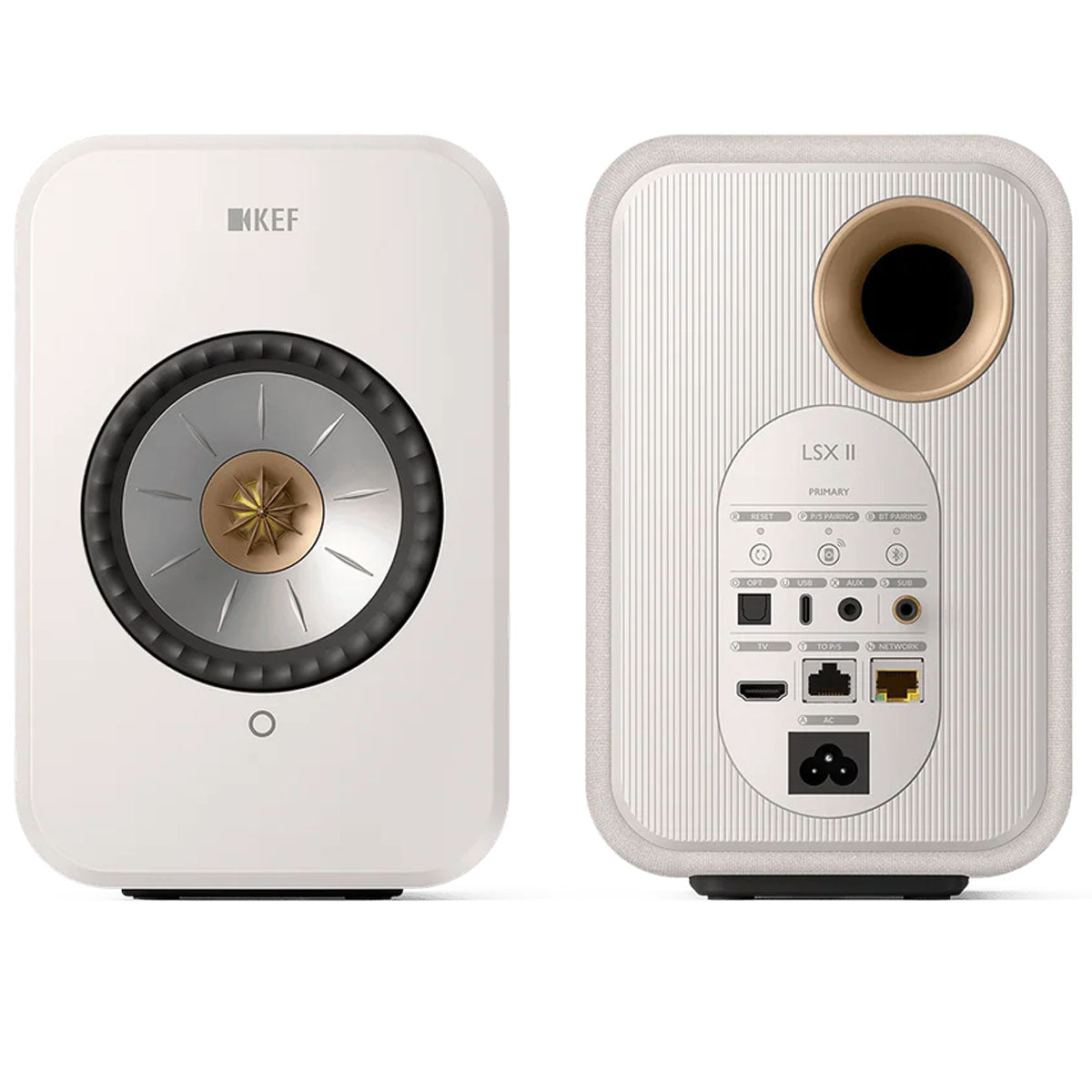 KEF LSX II Wireless HiFi Speakers cotton white front view of left and rear view of right speakers