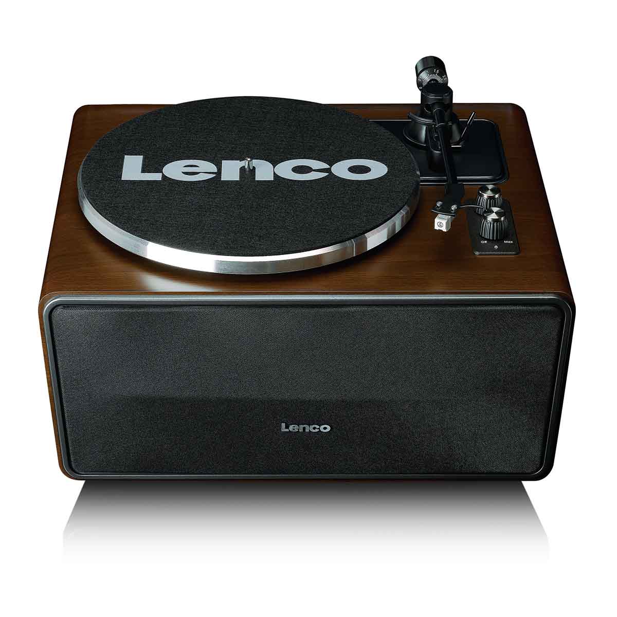 Lenco LS-470 Turntable w/ 80W Speaker System and Bluetooth front view angled down with felt mat on platter and no dustcover