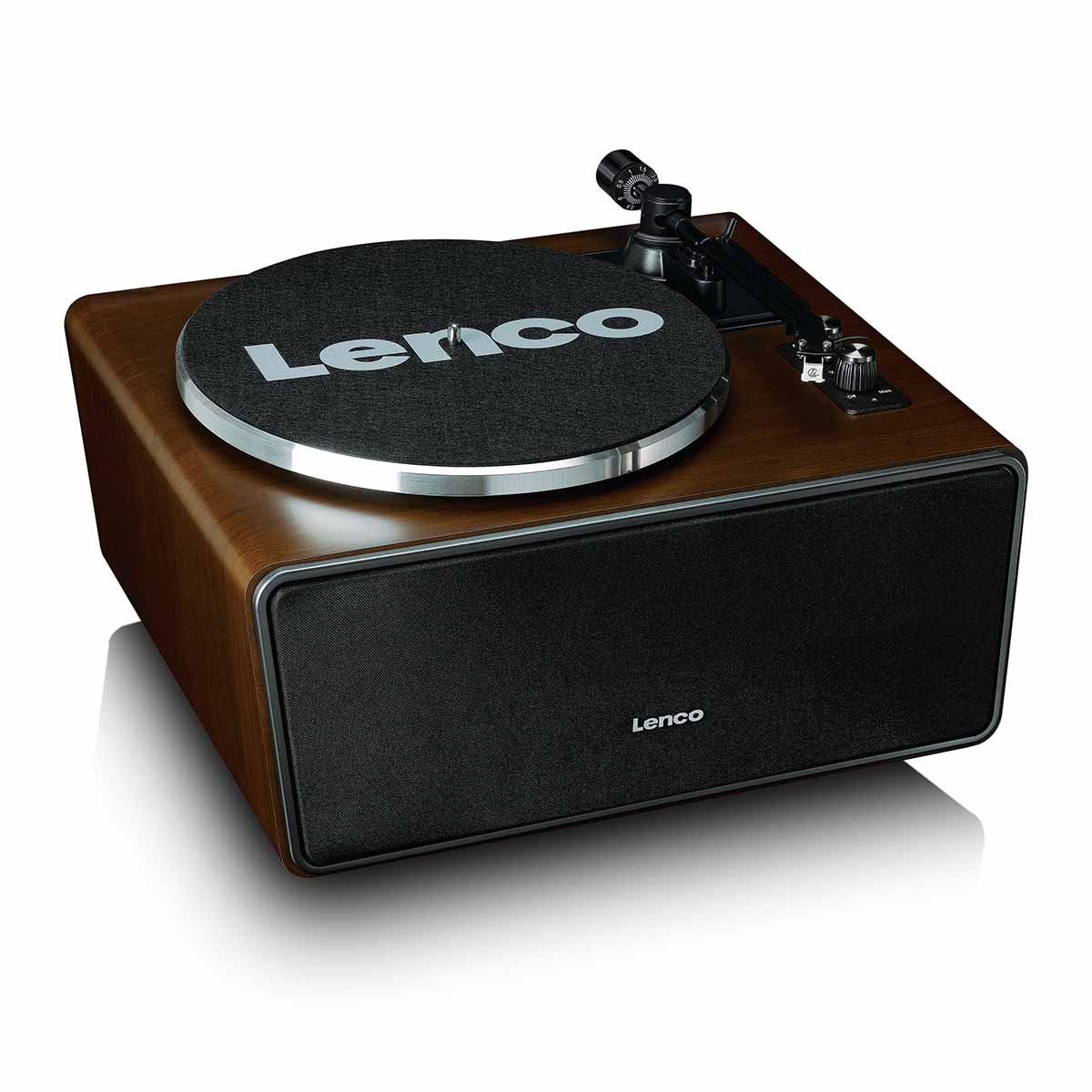 Lenco LS-470 Turntable w/ 80W Speaker System and Bluetooth front view angled down and right with felt mat on platter and no dustcover