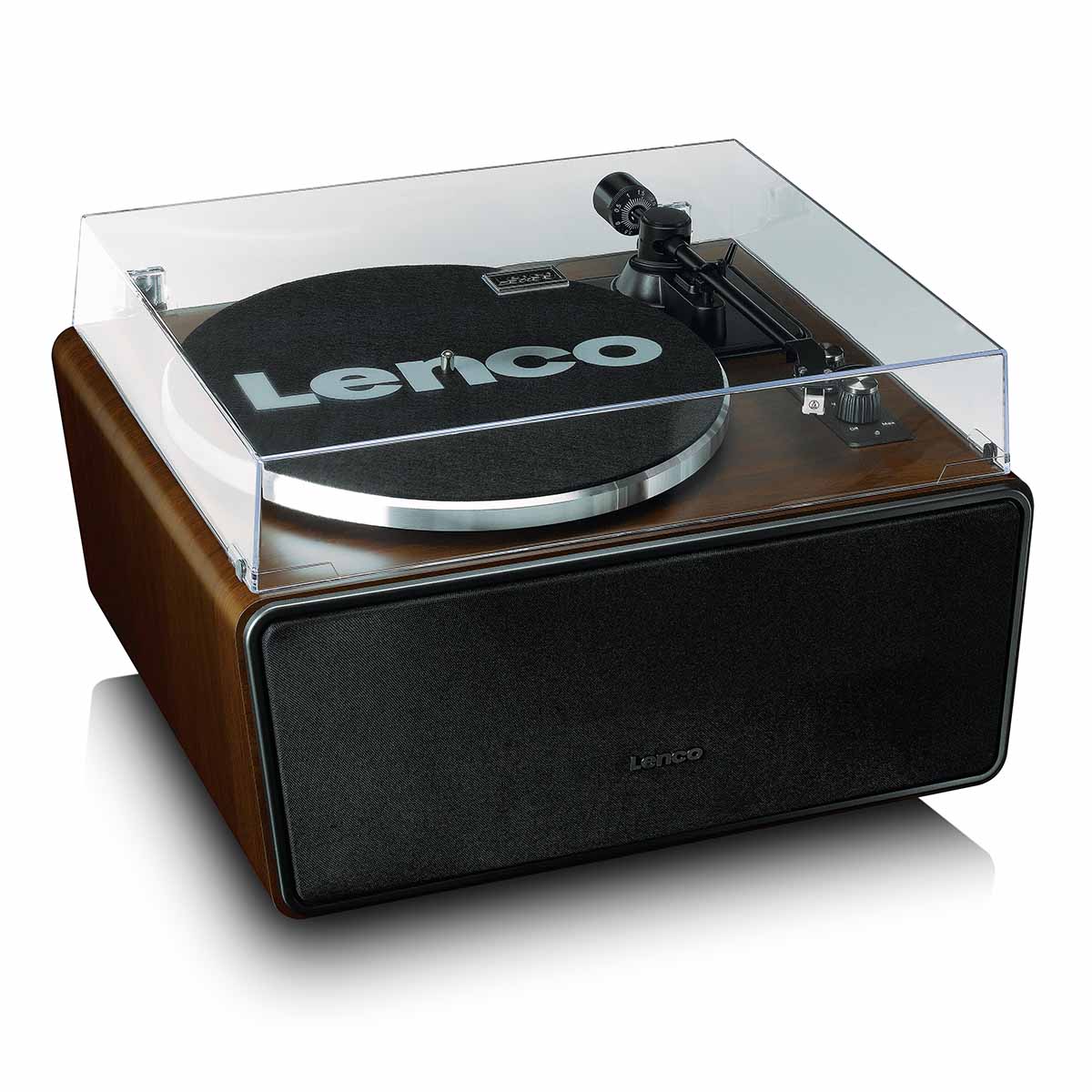Lenco LS-470 Turntable w/ 80W Speaker System and Bluetooth front view angled down and right with felt mat on platter and closed dustcover