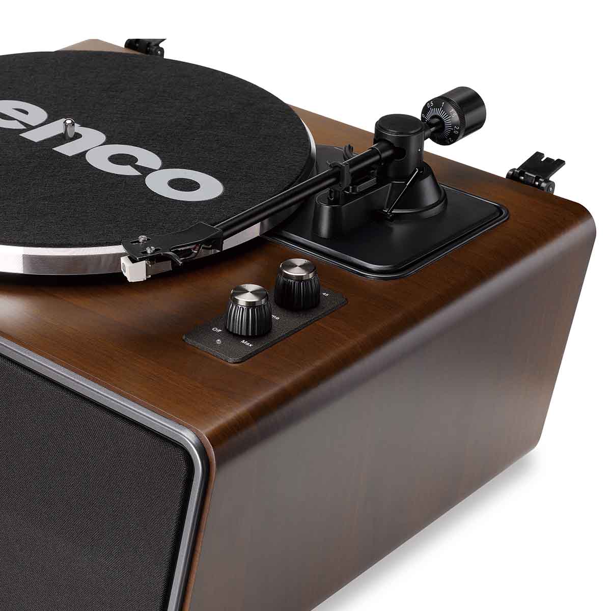 Lenco LS-470 Turntable w/ 80W Speaker System and Bluetooth close up of right side of unit angled down and left showing tonearm and control knobs