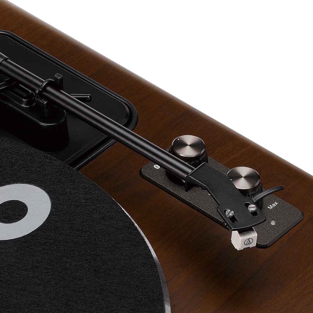 Lenco LS-470 Turntable w/ 80W Speaker System and Bluetooth top-down closeup of cartridge on tonearm