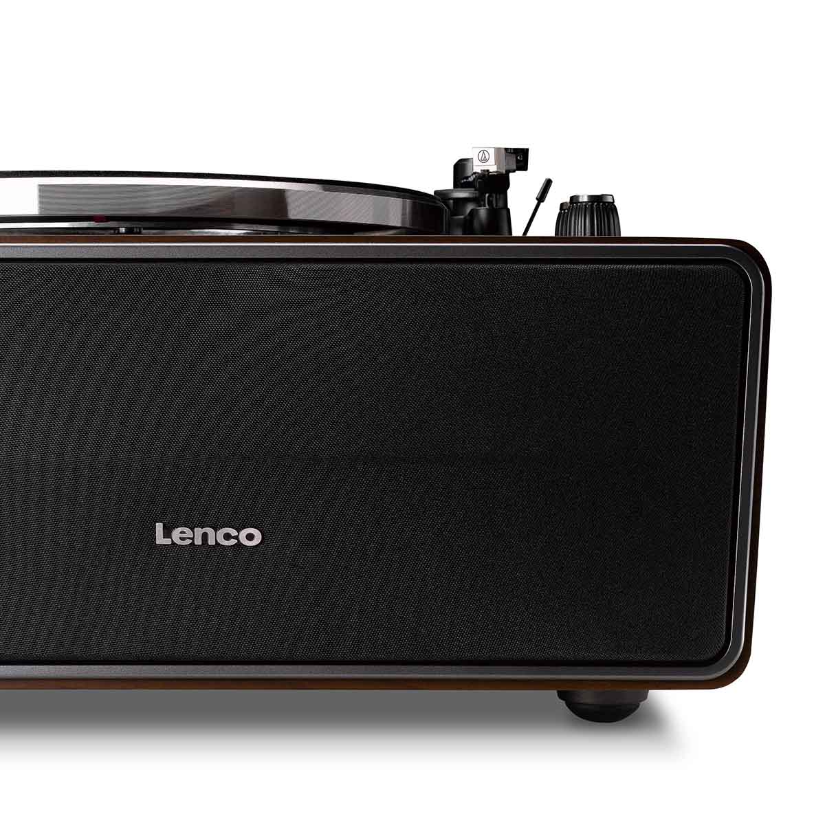 Lenco LS-470 Turntable w/ 80W Speaker System and Bluetooth front view of right side of unit focusing on front speaker