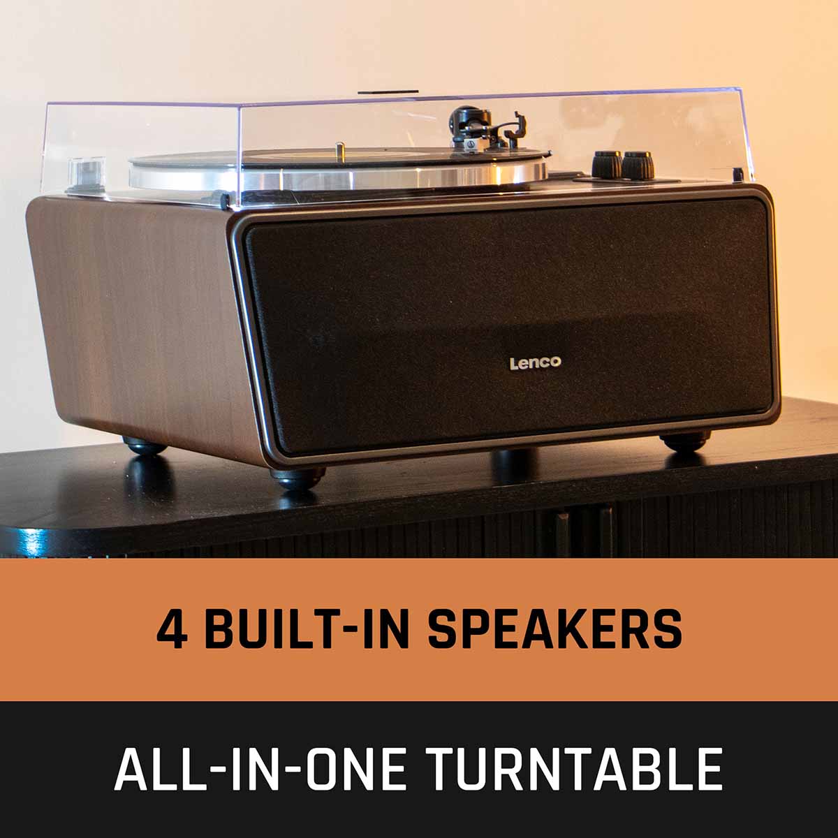 Lenco LS-470 Turntable w/ 80W Speaker System and Bluetooth front view angled right unit on cabinet with closed dustcover and text on bottom of image reading 4 built-in speakers all-in-one turntable