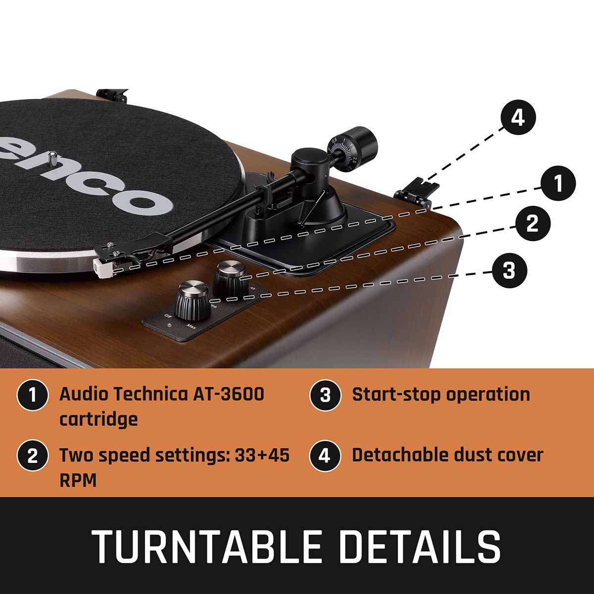 Lenco LS-470 Turntable w/ 80W Speaker System and Bluetooth front view angled left showing right side of unit with graphics labeling Turntable Details and text to bottom