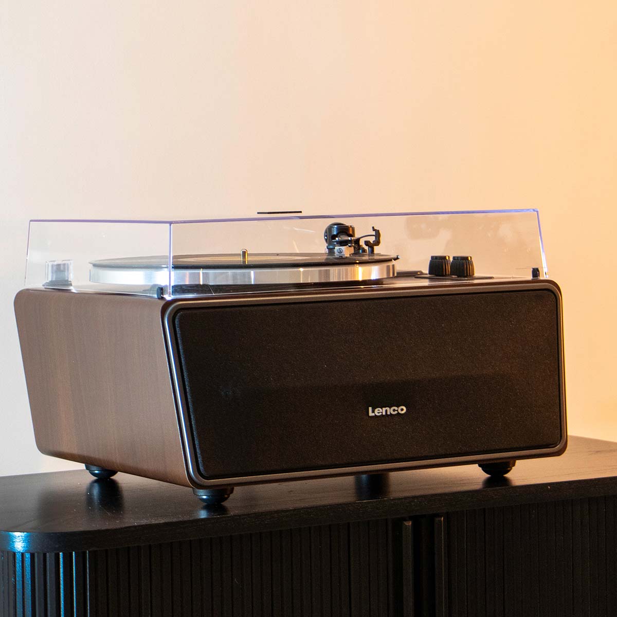 Lenco LS-470 Turntable w/ 80W Speaker System and Bluetooth front view angled right unit on cabinet with closed dustcover