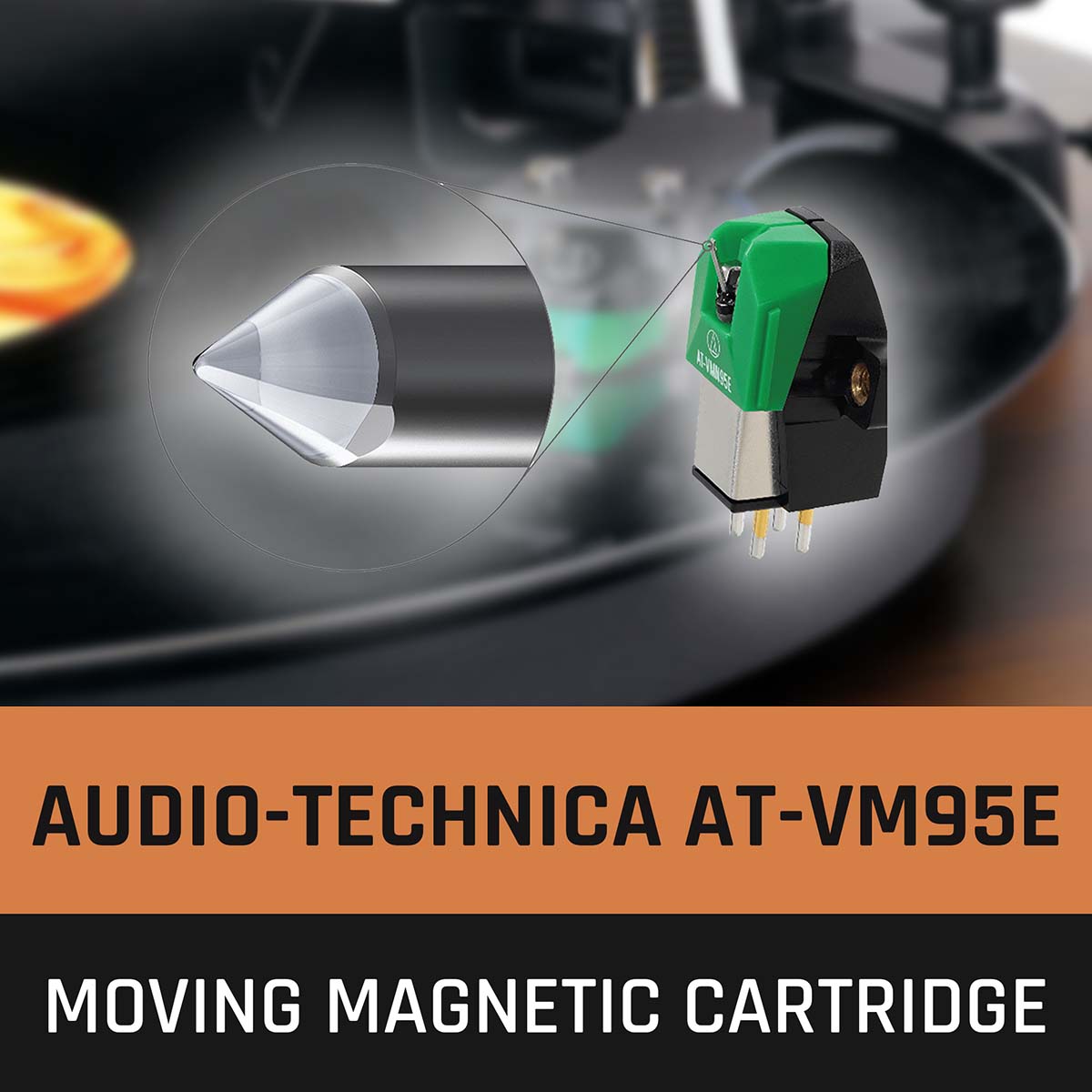 Lenco LS-600 Turntable w/ Built-In Amplifier, Bluetooth, and Speakers graphic of cartridge with text to bottom reading Audio-Technica AT-VM95E Moving Magnetic Cartridge