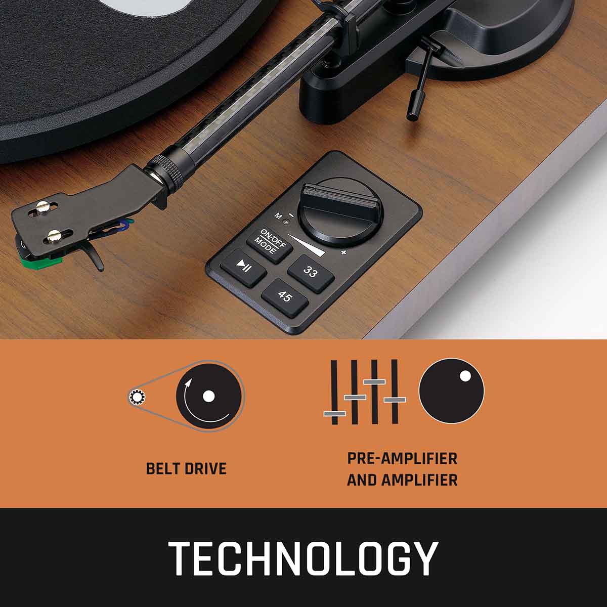 Lenco LS-600 Turntable w/ Built-In Amplifier, Bluetooth, and Speakers graphic with text describing turntable features
