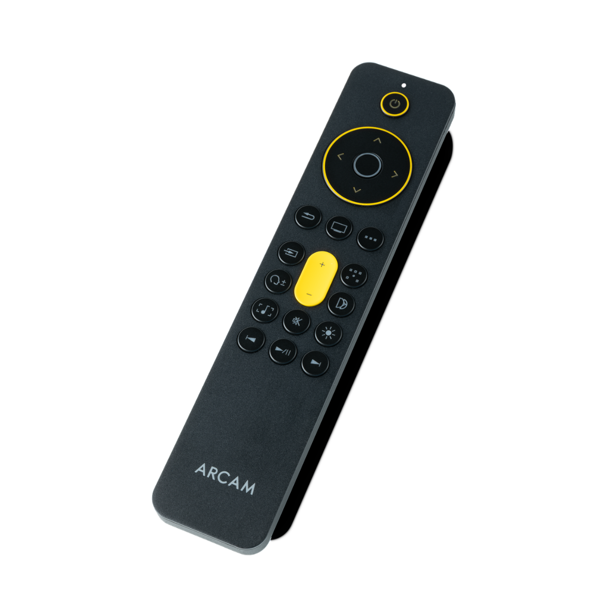 A black ARCAM remote control with a yellow directional pad and yellow accent buttons, shown on a plain white background.